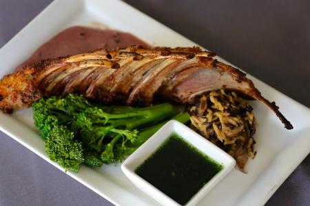 a rack of lamb served with broccoli and rice at The Blue Lion near the Wort Hotel
