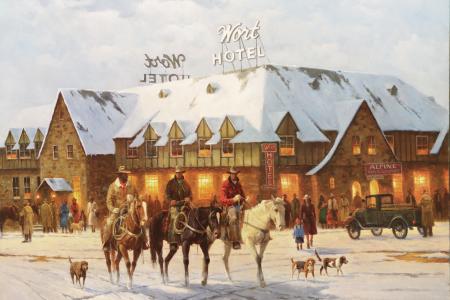 A vintage painting of the Wort Hotel as cowboys on horseback pass by in the street.