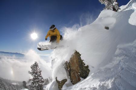 snowboarder in fresh powder in Jackson Hole