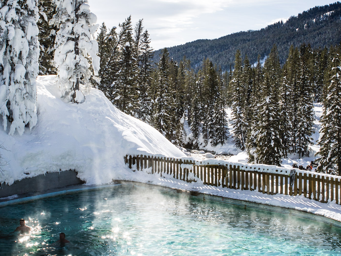 steam rises off of a clear blue hot spring surrounded by snow and evergreen trees in Jackson Hole