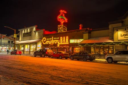 Exterior of the Million Dollar Cowboy Bar in Jackson Hole at night