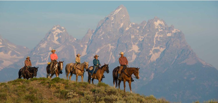 a horseback riding group admires the mountain range in Jackson Hole, WY 