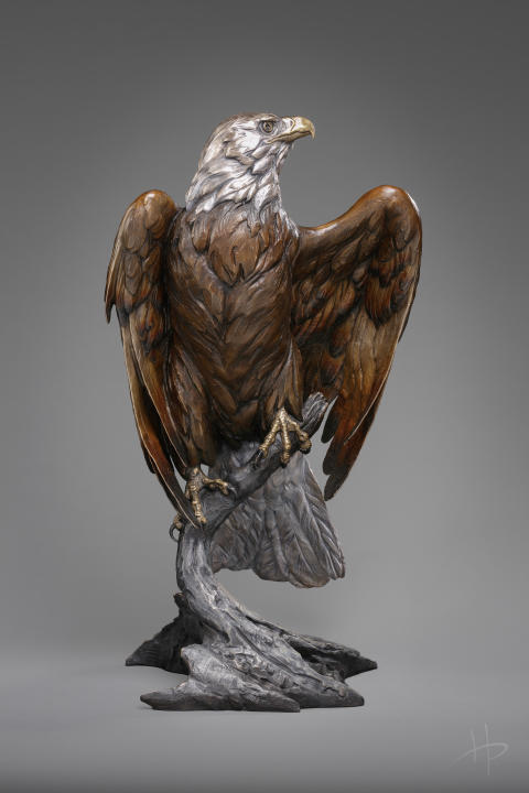 A wooden sculpture of an eagle on display for the Jackson Hole Fall Arts Festival. 