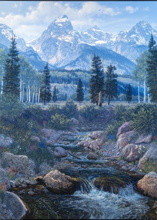 A painting of the Rocky Mountains with a foreground of a stream of water and lush greenery.