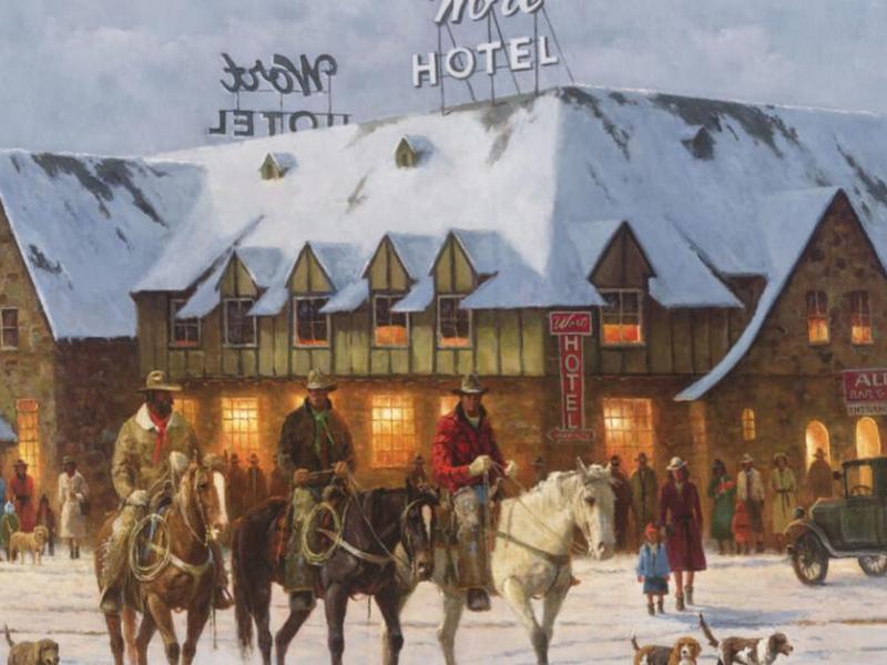 A painting showcases the history of Jackson Hole with an old-timey scene, with snow, cowboys, and a vintage car. 